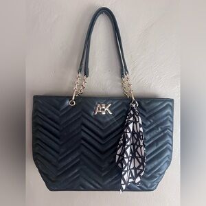 Anne Klein Black Quilted Tote with Scarf Accent